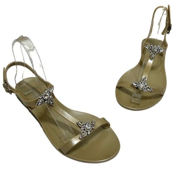 BADGLEY MISCHKA Belize Jelly Nude Sandals 7 Embellished Jewel Bling Strappy Flat - Picture 1 of 10